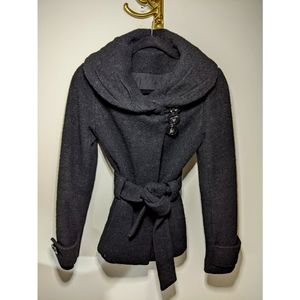 Black cowl neck wool blend coat with wrap belt